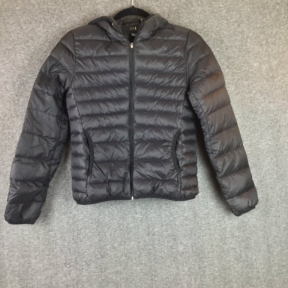 XXI Duck Down Hooded 2 Pocket Puffer Jacket Sz M Black Forever 21